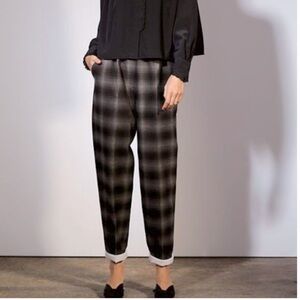 Aritzia Le Fou Wilfred Anise Pants High Waist Pull On Plaid Check Pockets Silk